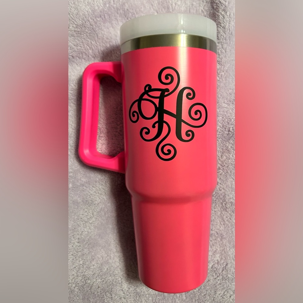 Pink “H” Monogrammed Travel Tumbler with Handle & 2 Straws - Picture 3 of 7